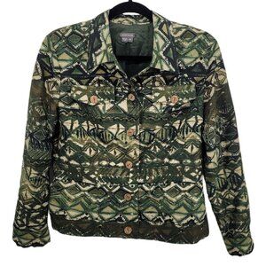 Anthracite womens 10 Green aztec 100% silk southwestern wooden button up jacket